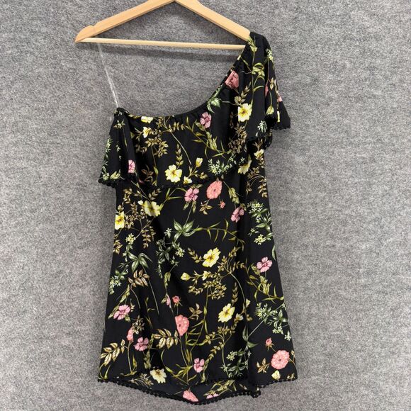 Unbranded Dress Women S Small Black Floral Shift Short One Shoulder Short Sleeve - Picture 1 of 5